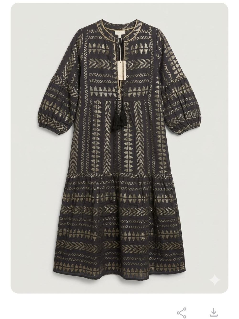 Elan Black Dress with Gold Geometric Print and Tassel Tie